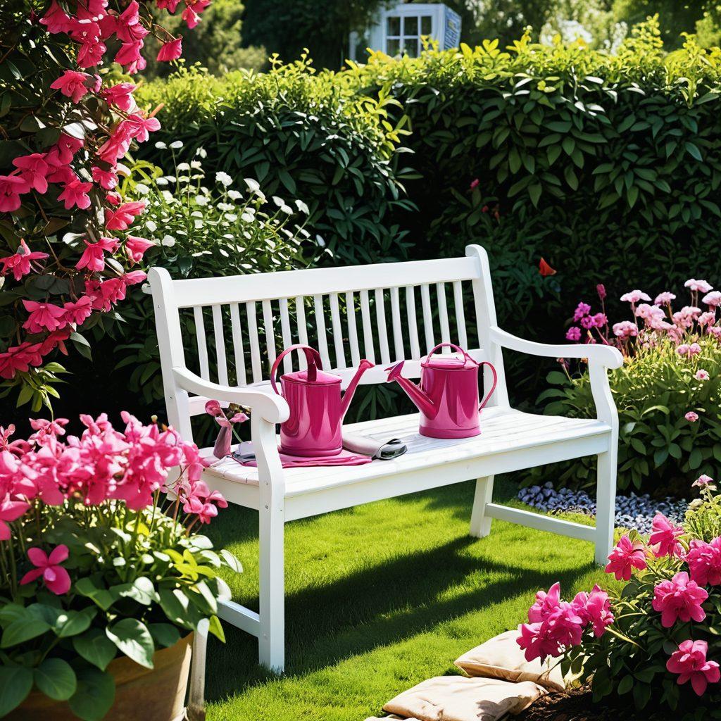 A lush garden filled with vibrant fuchsia flowers in full bloom, intertwined with stylish gardening tools and glamorous accessories like chic hats and gloves. The scene captures a sunny day with a hint of elegance, blending nature's beauty with a fashionable touch. Incorporate butterflies fluttering around, and a stylish gardening bench in the background. vibrant colors. super-realistic.