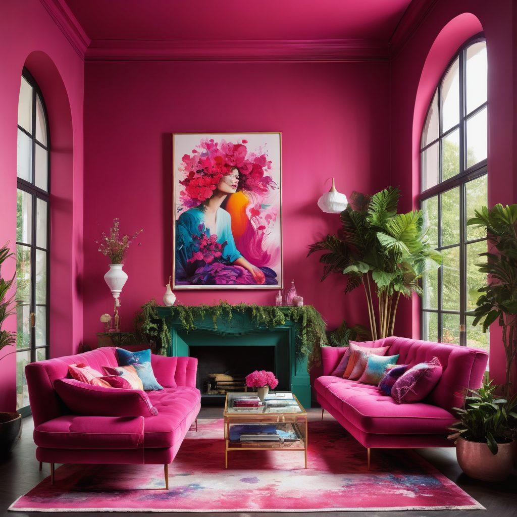 A striking scene showcasing fuchsia elements in fashion and home decor, featuring a stylishly dressed model in a fuchsia outfit surrounded by vibrant fuchsia-colored furniture and decor items, such as cushions and wall art. The background should be a sunlit room with greenery, highlighting creativity and vibrancy. add artistic brush strokes and flowing lines to emphasize the feeling of blooming creativity. super-realistic. vibrant colors. airy atmosphere.