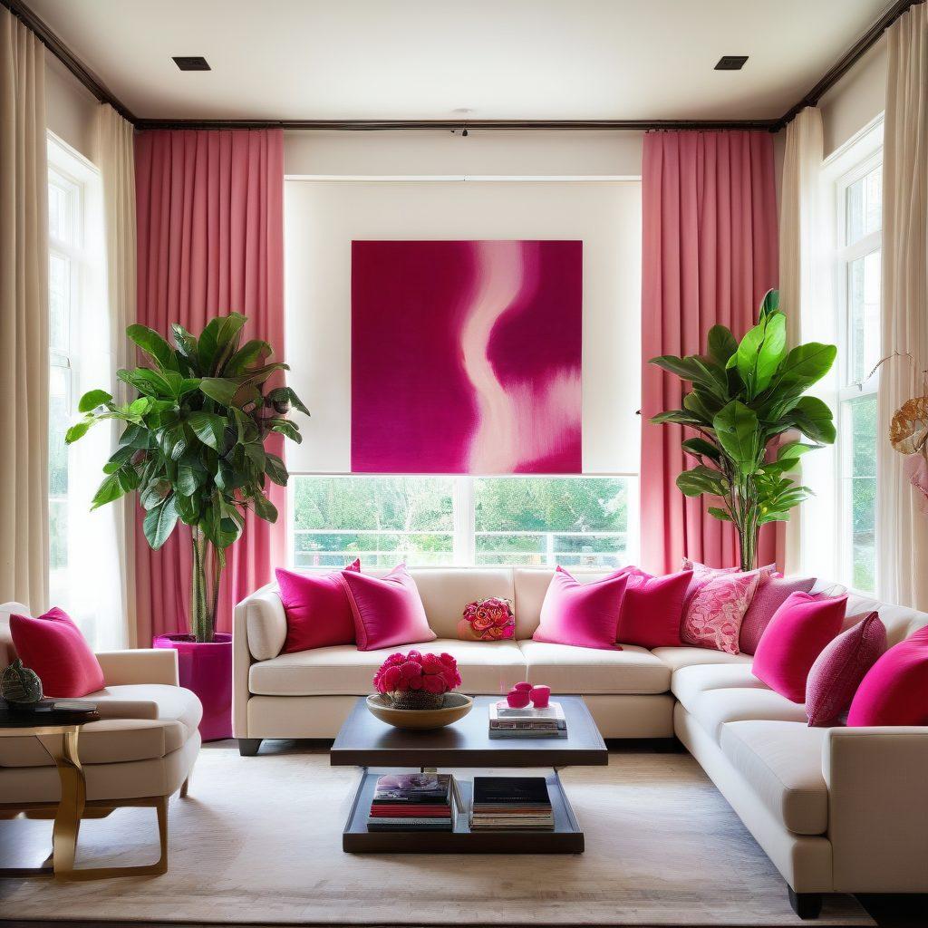 A beautifully designed living room featuring fuchsia accents, including plush pillows, a striking abstract painting, and a stylish rug. The room is illuminated by natural light, creating a warm, inviting atmosphere, with houseplants adding a touch of vibrancy. Highlight creative expression through unique furniture pieces and artful decorations that embody a modern aesthetic. Elegant curtains flowing softly by the window, enhancing the color scheme. super-realistic. vibrant colors. cozy atmosphere.